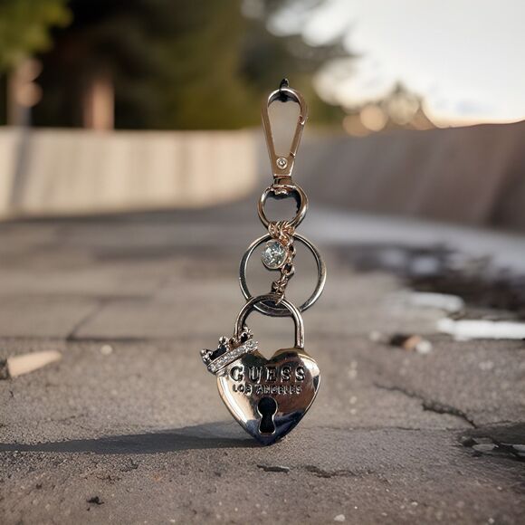 Guess Heart Padlock Crown Bag Charm Keychain Gold Tone BLING Fleur De Lis - Picture 1 of 9
